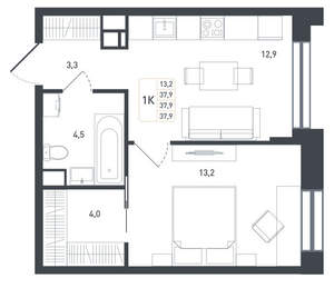 1-к квартира, вторичка, 40м2, 1/8 этаж