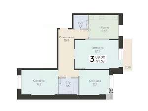 3-к квартира, вторичка, 91м2, 15/22 этаж