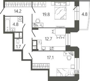 2-к квартира, вторичка, 72м2, 2/17 этаж
