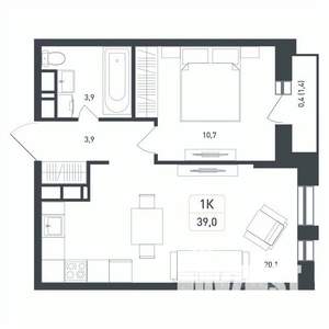 1-к квартира, вторичка, 39м2, 6/8 этаж