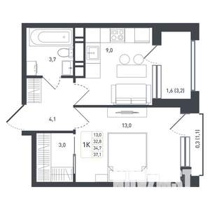 1-к квартира, строящийся дом, 35м2, 8/8 этаж