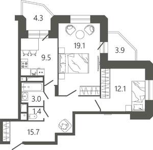 2-к квартира, вторичка, 65м2, 17/17 этаж