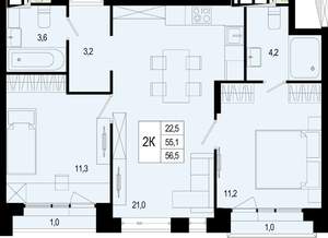 2-к квартира, вторичка, 55м2, 8/8 этаж