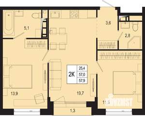 2-к квартира, вторичка, 57м2, 6/8 этаж