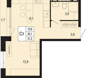 Студия квартира, вторичка, 30м2, 6/8 этаж