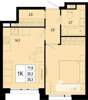 1-к квартира, строящийся дом, 35м2, 1/8 этаж