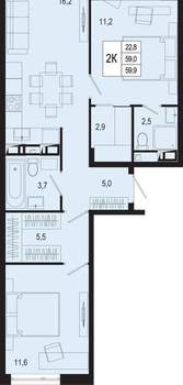 2-к квартира, вторичка, 59м2, 5/8 этаж