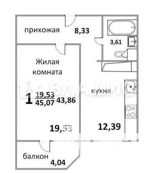 1-к квартира, вторичка, 45м2, 16/21 этаж
