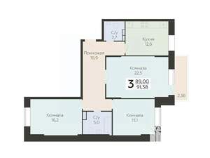 3-к квартира, вторичка, 91м2, 16/22 этаж