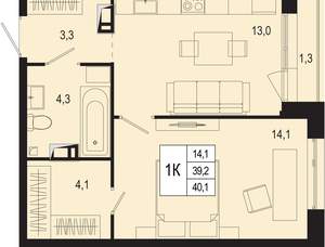 1-к квартира, вторичка, 39м2, 3/8 этаж