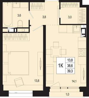 1-к квартира, вторичка, 39м2, 5/8 этаж